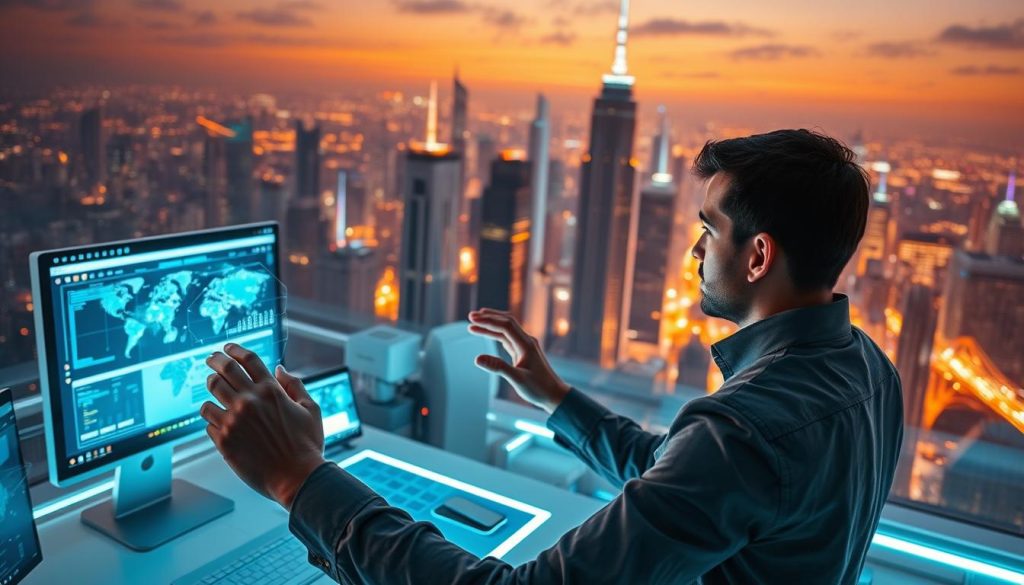 A dynamic, futuristic scene showcasing technical skills. In the foreground, a skilled professional manipulates a holographic interface, their hands moving with precision. Surrounding them, a LIGHT PORTAGE workstation with sleek, minimalist design. In the middle ground, various digital displays present complex data visualizations and simulations. The background features a panoramic cityscape, with towering skyscrapers and a vibrant, neon-tinged skyline. Soft, warm lighting illuminates the scene, creating an atmosphere of innovation and technological prowess. The overall composition conveys the idea of a skilled, adaptable professional thriving in a rapidly evolving, tech-driven landscape.