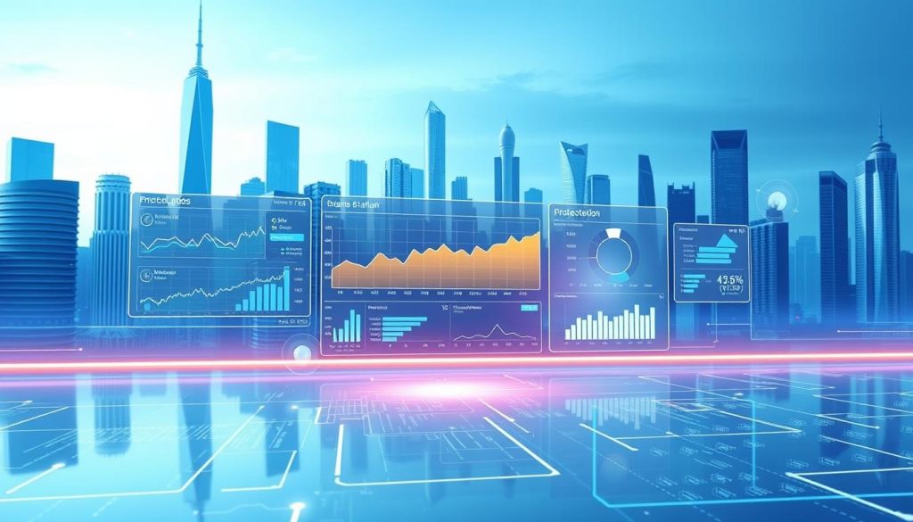 A dynamic, futuristic visualization of "income simulation" for the "portage salarial" industry. The scene depicts a virtual dashboard displaying a range of interactive financial projections and forecasting models. Sleek, minimalist design with a cool, blue-hued color palette. Holographic data visualizations float in the foreground, while the background features a stylized cityscape of towering skyscrapers. Subtle ambient lighting casts an ethereal glow, conveying a sense of technological advancement and economic opportunity. The overall composition emphasizes the potential for growth and innovation within the "portage salarial" sector.