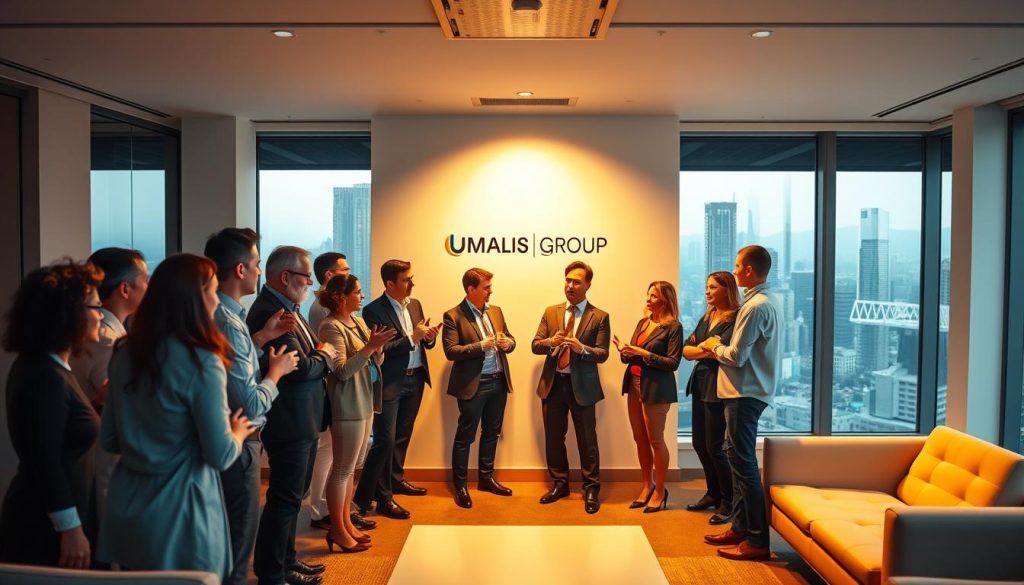 A dynamic group of potential partners, gathered in a modern office setting with the Umalis Group logo prominently displayed. The scene depicts a diverse array of professionals engaged in discussion, collaboration, and exchange of ideas. Warm lighting illuminates the space, creating an atmosphere of productivity and partnership. The middle ground features individuals in business attire gesturing animatedly, while the background showcases a minimalist workspace with sleek furniture and large windows overlooking a cityscape. This image aims to capture the essence of strategic partnerships and the process of identifying the right collaborators for a successful endeavor.