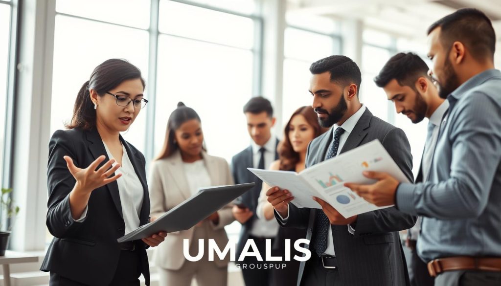 A dynamic group of professionals in business attire, representing diverse ethnicities and genders, engaged in a collaborative discussion in a modern office setting. In the foreground, a middle-aged woman of Asian descent gestures as she explains a concept, while a young Black man takes notes on a laptop, showcasing teamwork in action. The middle ground features a white woman and a Hispanic man examining data charts, emphasizing analysis and strategy. The background displays a bright office environment with floor-to-ceiling windows, allowing natural light to flood in, casting soft shadows. The atmosphere is focused and productive, reinforcing the principles of security and flexibility in business. Include logo elements subtly representing "UMALIS GROUP" in the scene to reflect expertise in portage salarial.