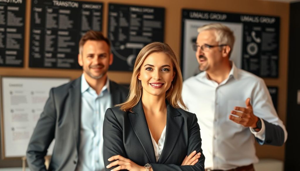 A dynamic group portrait of three successful transition managers from the Umalis Group, set against a backdrop of their professional accomplishments. In the foreground, a confident female manager stands in a sharp business suit, her expression one of determination. Behind her, two male counterparts, one in a crisp white shirt and the other in a tailored navy suit, are engaged in a lively discussion, gesturing animatedly. The lighting is warm and inviting, casting a soft glow on the subjects and creating a sense of professionalism and success. The overall atmosphere conveys the expertise and leadership of these renowned Umalis Group transition managers. A dynamic group portrait of three successful transition managers from the Umalis Group, set against a backdrop of their professional accomplishments. In the foreground, a confident female manager stands in a sharp business suit, her expression one of determination. Behind her, two male counterparts, one in a crisp white shirt and the other in a tailored navy suit, are engaged in a lively discussion, gesturing animatedly. The lighting is warm and inviting, casting a soft glow on the subjects and creating a sense of professionalism and success. The overall atmosphere conveys the expertise and leadership of these renowned Umalis Group transition managers.