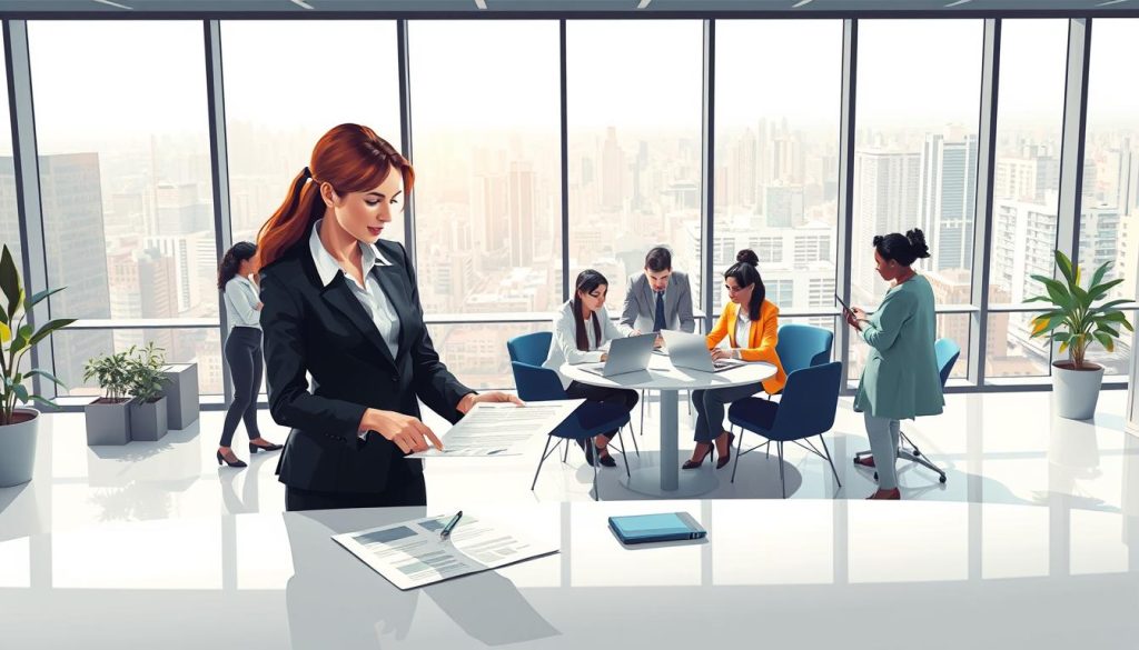 A dynamic illustration of a group of diverse professionals collaborating in a modern office space, symbolizing the world of "portage salarial" and consulting opportunities. In the foreground, two confident consultants, a woman in a smart business suit and a man in a crisp shirt, examine project documents together at a sleek table. In the middle ground, a diverse team engages in a brainstorming session, with laptops and digital devices scattered around, reflecting creativity and teamwork. The background features large windows with a view of a bustling cityscape, emphasizing opportunity and growth. Soft, natural lighting fills the room, creating an atmosphere of professionalism and collaboration. The overall mood is one of empowerment, safety, and freedom in the consulting field. A dynamic illustration of a group of diverse professionals collaborating in a modern office space, symbolizing the world of "portage salarial" and consulting opportunities. In the foreground, two confident consultants, a woman in a smart business suit and a man in a crisp shirt, examine project documents together at a sleek table. In the middle ground, a diverse team engages in a brainstorming session, with laptops and digital devices scattered around, reflecting creativity and teamwork. The background features large windows with a view of a bustling cityscape, emphasizing opportunity and growth. Soft, natural lighting fills the room, creating an atmosphere of professionalism and collaboration. The overall mood is one of empowerment, safety, and freedom in the consulting field.