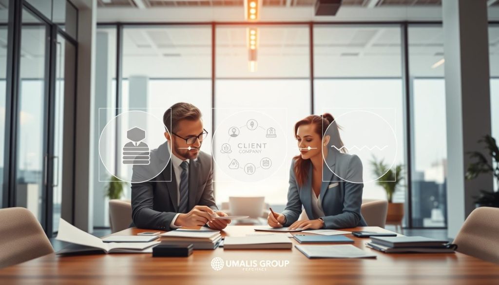 A dynamic illustration of a tripartite functional model in the context of “portage salarial” tailored for IT professionals. In the foreground, depict three business people in professional attire engaging in discussion around a table filled with documents and digital devices. The middle ground shows visual representations of the three parties: the worker, the client company, and the portage company, symbolized by icons or infographics. The background features a modern office environment with large windows allowing natural light to flood in, creating a bright and optimistic atmosphere. Use a wide-angle lens effect to emphasize the collaborative spirit of the scene. Include the logo of "Umalis Group" subtly in the background as part of the office aesthetics, ensuring a polished and professional appearance.