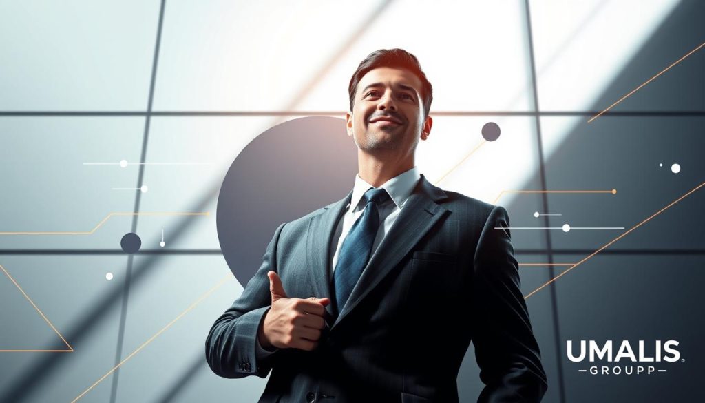 A dynamic illustration of expertise in the field of "portage salarial", showcasing the UMALIS GROUP brand. Set against a sleek, modern backdrop, the scene depicts a professional businessman in a tailored suit, confidently navigating the complexities of the "portage salarial" process. The lighting is crisp and directional, casting dramatic shadows and highlighting the subject's confident demeanor. The composition is balanced, with the businessman occupying the foreground, surrounded by abstract shapes and lines that convey a sense of structure and organization. The overall mood is one of authority, expertise, and professionalism, reflecting the core values of the UMALIS GROUP.