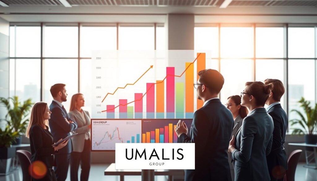 A dynamic illustration of the concept of "chiffre d’affaires" represented through a blend of financial graphs and data analytics motifs. In the foreground, a diverse group of professionals in smart business attire analyzes charts on a digital screen, showcasing upward trends in revenue. The middle layer features a stylized bar graph and line graph with vibrant colors, illustrating key financial statistics and market trends. The background is a sleek modern office space, with large windows allowing soft sunlight to illuminate the scene, giving a sense of optimism and growth. The overall atmosphere is focused and professional, capturing the essence of a thriving financial landscape. Include the brand name "UMALIS GROUP" subtly integrated into the background graphics. A dynamic illustration of the concept of "chiffre d’affaires" represented through a blend of financial graphs and data analytics motifs. In the foreground, a diverse group of professionals in smart business attire analyzes charts on a digital screen, showcasing upward trends in revenue. The middle layer features a stylized bar graph and line graph with vibrant colors, illustrating key financial statistics and market trends. The background is a sleek modern office space, with large windows allowing soft sunlight to illuminate the scene, giving a sense of optimism and growth. The overall atmosphere is focused and professional, capturing the essence of a thriving financial landscape. Include the brand name "UMALIS GROUP" subtly integrated into the background graphics.