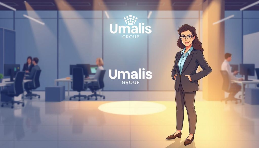 A dynamic illustration showcasing the concept of "portage salarial" or professional intermediary services. In the foreground, a well-dressed professional stands confidently, representing the independent worker or consultant. The middle ground depicts a modern office setting, with desks, computers, and collaborating colleagues, symbolizing the client company. In the background, the Umalis Group logo shines, representing the intermediary service provider facilitating the connection between the independent worker and the client. The scene is bathed in warm, focused lighting, creating a sense of professionalism and opportunity. The overall composition conveys the idea of a seamless, supported transition into specialized work through the Umalis Group portage salarial solution.