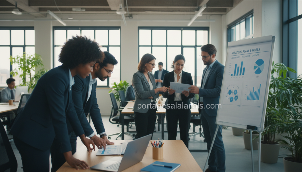 A dynamic image depicting a group of diverse professional consultants engaged in collaboration and discussion, symbolizing a strong network of support and mentorship. In the foreground, two consultants in business attire are exchanging ideas, surrounded by modern digital devices like laptops and tablets. The middle ground features a circle of colleagues brainstorming, with a whiteboard displaying strategic plans and goals. In the background, an open office space with bright, natural lighting enhances a productive atmosphere, showcasing plants and contemporary furniture. The overall mood is inspiring and energetic, reflecting teamwork and career acceleration. The website "portagesalarials.com" is subtly integrated into the scene, suggesting a connection to the benefits of salary portage and professional growth. A dynamic image depicting a group of diverse professional consultants engaged in collaboration and discussion, symbolizing a strong network of support and mentorship. In the foreground, two consultants in business attire are exchanging ideas, surrounded by modern digital devices like laptops and tablets. The middle ground features a circle of colleagues brainstorming, with a whiteboard displaying strategic plans and goals. In the background, an open office space with bright, natural lighting enhances a productive atmosphere, showcasing plants and contemporary furniture. The overall mood is inspiring and energetic, reflecting teamwork and career acceleration. The website "portagesalarials.com" is subtly integrated into the scene, suggesting a connection to the benefits of salary portage and professional growth.