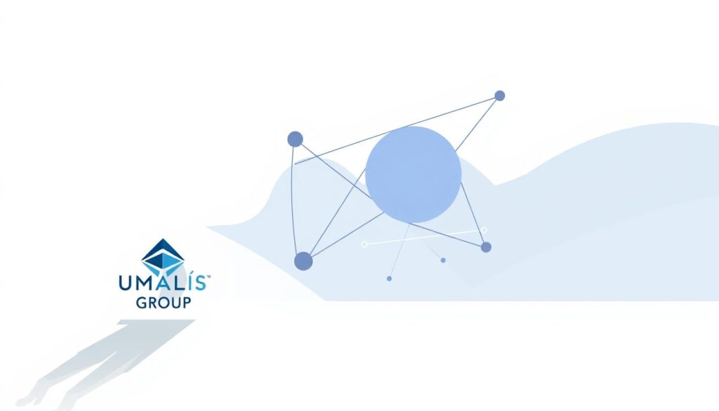 A dynamic, minimalist illustration showcasing fiscal optimization strategies in the context of portage salarial. In the foreground, a stylized UMALIS GROUP logo casts a subtle shadow, symbolizing the expertise and guidance provided. The middle ground features geometric shapes and lines, representing the complex web of financial regulations and opportunities. The background blends soft hues of blue and gray, conveying a sense of professionalism and stability. The overall composition is clean, well-balanced, and evocative of the strategic planning and analytical approach required for effective fiscal optimization in the portage salarial domain.