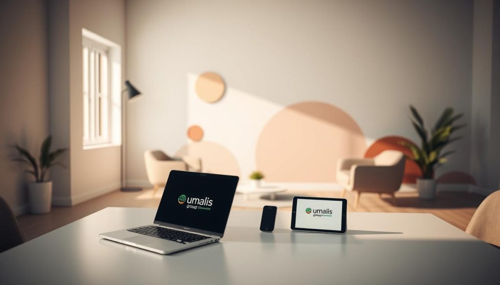 A dynamic, minimalist interior scene showcasing affordable health insurance options for freelancers. In the foreground, a clean, modern desk with a laptop and smart device displaying the Umalis Group logo, hinting at accessible digital tools. Soft, diffused lighting from an unseen window casts a warm glow, creating a sense of comfort and professionalism. The middle ground features sleek, modular furniture in muted tones, subtly suggesting flexibility and customization. In the background, a blend of abstract shapes and gradients in soothing, earthy hues, conveying a sense of stability and security. The overall composition radiates a mood of approachability, practicality, and financial empowerment for the freelance lifestyle.