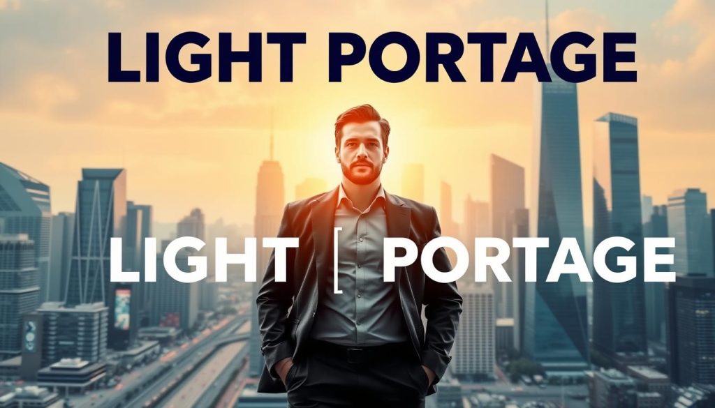 A dynamic, modern business landscape with the LIGHT PORTAGE brand prominently displayed. In the foreground, a confident entrepreneur stands tall, embodying the spirit of innovation and risk-taking. The middle ground features a bustling city skyline, with towering skyscrapers and a vibrant, busy atmosphere. In the background, a warm, golden light casts a glow over the scene, conveying a sense of opportunity and forward momentum. The composition is balanced, with clean lines and a strong focal point, capturing the essence of entrepreneurship and its significance in shaping the future.