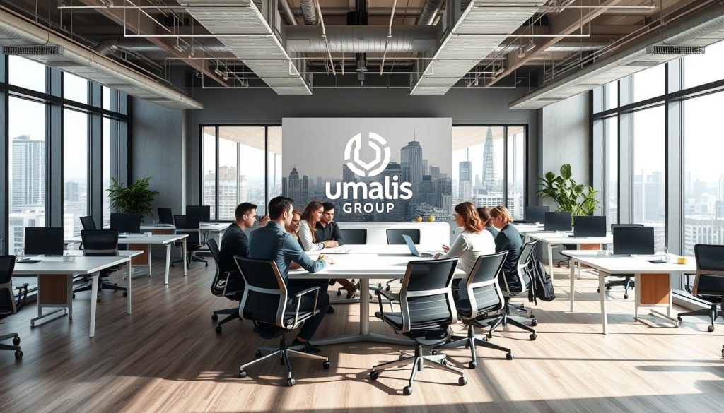 A dynamic, modern office interior showcasing the Umalis Group's innovative "société portage" concept. The scene features an open-plan workspace with sleek desks, ergonomic chairs, and large windows allowing natural light to flood the space. In the foreground, a group of professionals collaborate at a central meeting table, engaged in a lively discussion. The middle ground highlights the Umalis Group branding, with a large logo displayed prominently on the wall. The background depicts a cityscape, hinting at the flexibility and mobility inherent in the "société portage" model. The overall mood is one of professionalism, collaboration, and a forward-thinking approach to the evolving nature of work.