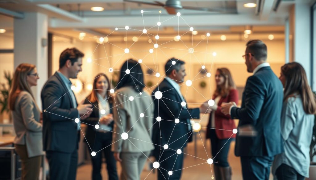 A dynamic networking scene depicting the professional connections and collaborative relationships of an independent contractor's support ecosystem. The foreground shows a group of diverse professionals engaged in lively discussions, handshakes, and information exchange. The middle ground features a stylized visualization of interconnected nodes and lines, representing the digital and physical touchpoints of the contractor's support network. In the background, a warm, softly-lit office environment provides an inviting backdrop, conveying a sense of productivity, community, and mutual support. Crisp, high-resolution photography with a shallow depth of field, accentuating the central figures and the intricate web of professional relationships.