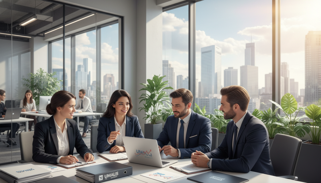 A dynamic office environment depicting the concept of "perspectives portage salarial." In the foreground, a diverse group of four professionals, dressed in smart business attire, engage in a discussion around a table filled with documents and a laptop displaying graphs. The middle section shows a large window with a city skyline, symbolizing opportunities and growth. In the background, a modern office space featuring glass walls and greenery, creating a sense of openness and collaboration. The lighting is bright and natural, streaming in through the window, enhancing the productive atmosphere. The mood conveys optimism and professionalism, reflecting future perspectives in the world of portage salarial. Include subtle branding elements of "Umalis Group" on the documents.
