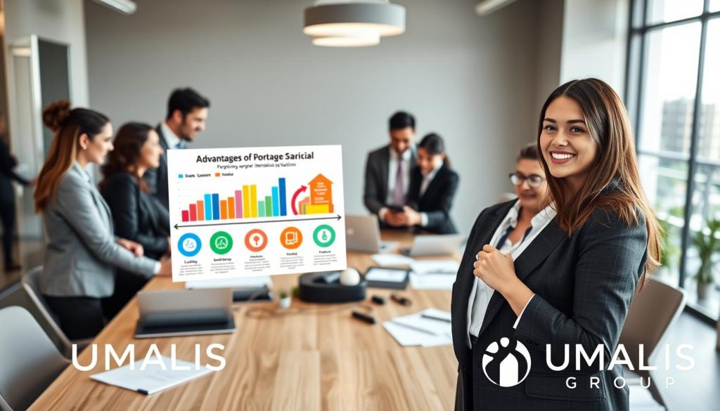 A dynamic office environment featuring a diverse group of professionals dressed in smart business attire, collaborating around a modern conference table. In the foreground, highlight a smiling young woman presenting a colorful infographic on the advantages of portage salarial, with charts and icons symbolizing flexibility, security, and financial benefits. The middle ground showcases engaged colleagues discussing ideas, with laptops and documents scattered around, emphasizing teamwork. In the background, large windows allow natural light to flood the room, creating a bright and inspiring atmosphere. Subtle branding elements, like the "UMALIS GROUP" logo, can be incorporated in a professional manner. The image should convey a sense of optimism and empowerment in the world of international employment solutions.