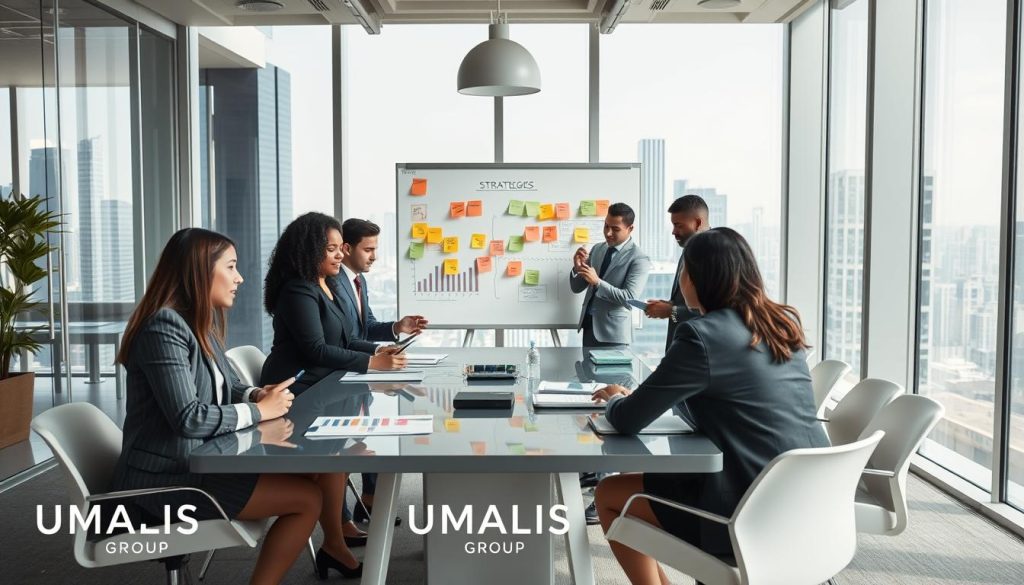 A dynamic office environment illustrating "strategies to develop business revenue." In the foreground, a diverse group of professional individuals in business attire engage in a brainstorming session around a sleek conference table, discussing charts and graphs on tablets. The middle ground features a large whiteboard with colorful post-it notes and strategies being outlined. In the background, large windows reveal a bustling cityscape, symbolizing growth and opportunity. Soft, natural light filters through, creating a bright and optimistic atmosphere. The scene conveys collaboration and innovation, highlighting the essence of freelance success. Include subtle branding elements of "UMALIS GROUP" in the décor of the office, emphasizing a professional touch.