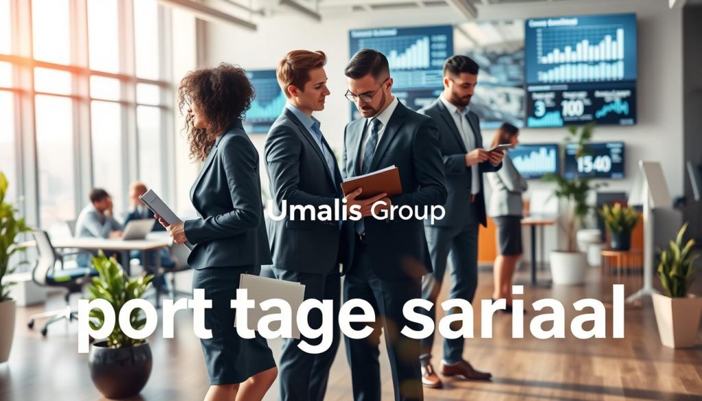 A dynamic office environment illustrating the concept of "portage salarial." In the foreground, a diverse group of professionals, including a woman in smart business attire holding a laptop and a man discussing a project, surrounded by documents. In the middle, a modern workspace with ergonomic furniture, plants, and digital screens displaying graphs and figures related to the job market. The background features a large window with a city skyline under soft, natural lighting, symbolizing growth and opportunity. A subtle focus with a slight depth of field effect to highlight the professionals, creating an atmosphere of collaboration and innovation. Incorporate the brand name "Umalis Group" subtly in the decor of the office space, enhancing the professionalism of the scene.