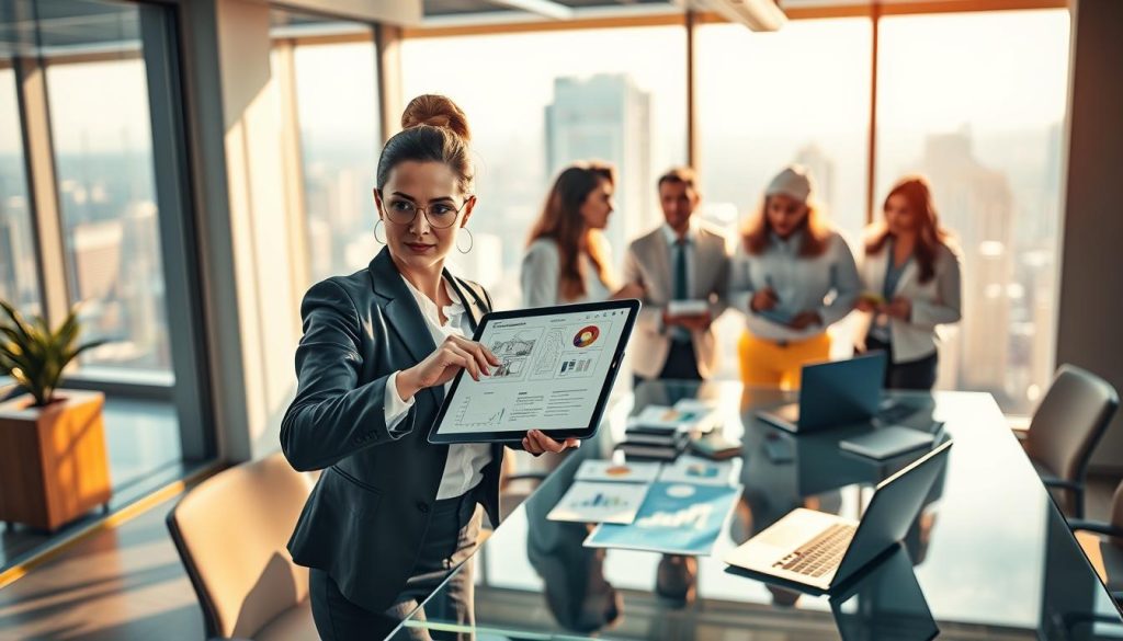 A dynamic office environment showcasing a diverse group of professionals engaged in a brainstorming session. In the foreground, a focused woman in a smart business suit points at a digital tablet displaying project plans, her expression conveying determination. Beside her, a man in business casual attire takes notes, illustrating teamwork. The middle ground features a glass conference table with laptops, charts, and graphs, hinting at a collaborative atmosphere. The background reveals large windows allowing warm, natural light to flood the space, creating a motivating ambiance. Soft shadows enhance the depth and dimension of the room, while a modern cityscape is visible outside, symbolizing the broader context of project success. The overall mood is energetic and inspiring, emphasizing the importance of effective communication in project management.