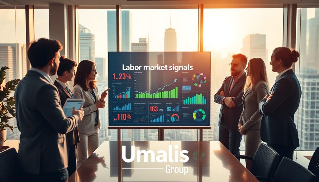 A dynamic office environment showcasing "labor market signals." In the foreground, a diverse group of professionals in business attire discuss graphs and charts on a digital screen, analyzing trends. In the middle, a large interactive display illustrates economic indicators like employment rates and sector demands, surrounded by vibrant data visuals. The background features a modern city skyline through large windows, symbolizing a thriving marketplace. Warm, natural lighting floods the room, creating an optimistic atmosphere. The camera angle, slightly elevated, captures the collaboration and analytical energy of the scene. The image should embody a sense of forward-thinking and adaptability in the evolving labor landscape. Include the brand name "Umalis Group" subtly integrated into the design elements without any text overlays.