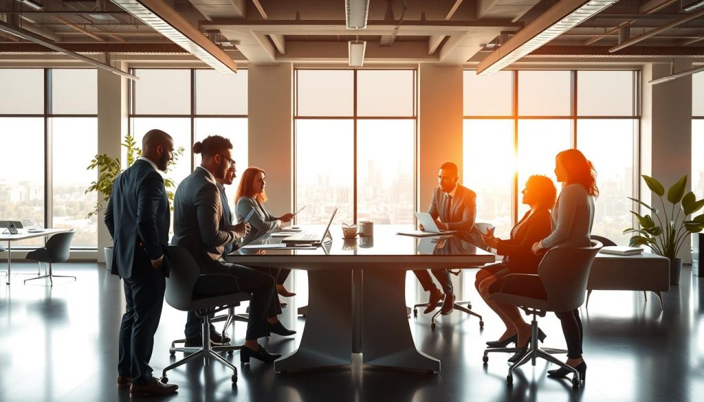A dynamic office environment showcasing the concept of "flexibilité portage salarial." In the foreground, a diverse group of professionals in smart business attire are engaged in a collaborative discussion around a sleek conference table, analyzing charts and digital devices. In the middle ground, a large window bathes the room in warm, natural light, revealing a vibrant urban landscape outside, symbolizing potential and opportunity. The background features modern office furniture and plants, creating a welcoming atmosphere that emphasizes flexibility in workspace design. The overall mood is one of empowerment and autonomy, with a focus on teamwork and innovation, representative of Umalis Group's values in business solutions.