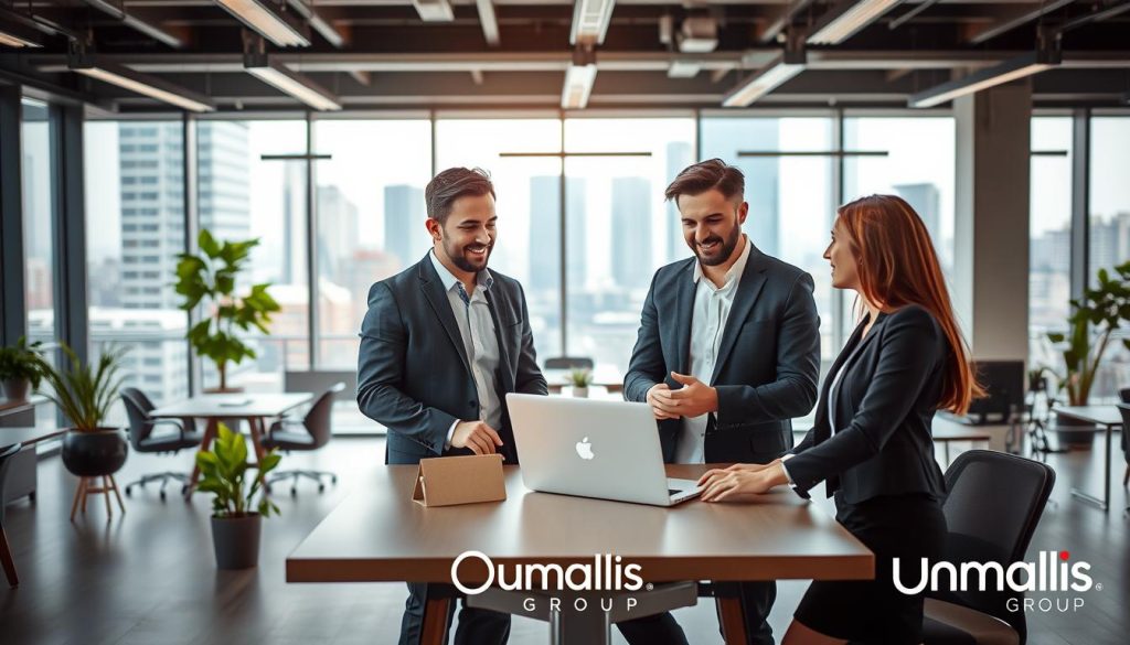 A dynamic office environment showcasing the concept of "portage salarial". In the foreground, two professionals—a man and a woman—engaged in a collaborative discussion, both wearing smart business attire, with a laptop on the table between them. The middle ground presents an open-plan office with modern furniture and plants, reflecting productivity and innovation. In the background, large windows allow natural light to illuminate the space, with a bustling city view outside. The atmosphere is vibrant yet focused, conveying the advantages of flexible working arrangements and teamwork. Use a soft focus effect on the background to emphasize the professionals in the foreground. Include subtle branding of "Umalis Group" in the scene.