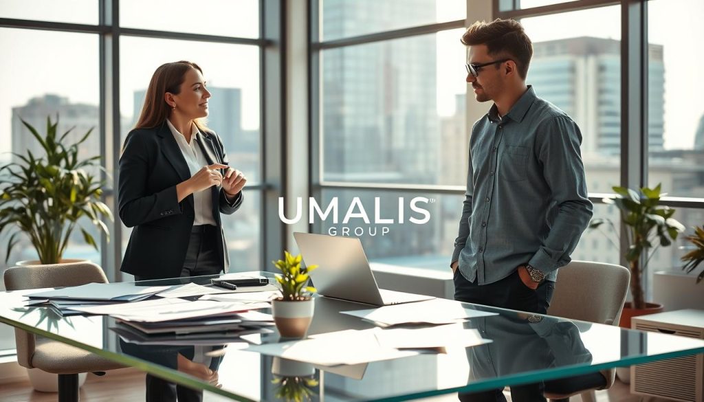 A dynamic office environment showcasing the contrast between a salaried employee and an independent worker. In the foreground, a professional woman in business attire confidently discusses ideas with a man in casual yet neat clothing, representing the independent worker. The middle ground features a clear glass desk cluttered with documents, a laptop, and a plant, signifying productivity. In the background, a modern skyscraper can be seen through large windows, symbolizing corporate life. Soft, natural lighting pours in, creating a warm and inviting atmosphere. The mood is collaborative and focused, highlighting the differences in work styles. Include the logo of UMALIS GROUP subtly integrated into the scene, enhancing the professional context without drawing attention away from the main subjects.