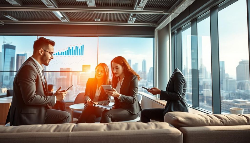 A dynamic office environment showcasing the impact of digital technologies on freelance professionals using portage salarial. In the foreground, a diverse group of three professionals dressed in smart business attire engaged in a collaborative discussion over digital devices like laptops and tablets. In the middle ground, a modern office space with sleek furnishings, large screens displaying graphs and data analytics related to digital economy trends. The background features a panoramic city view highlighted by skyscrapers and digital billboards. The scene is illuminated by bright, natural light streaming through large windows, creating a vibrant and optimistic atmosphere. Capture the essence of innovation and security in freelance work through advanced technology integration. A dynamic office environment showcasing the impact of digital technologies on freelance professionals using portage salarial. In the foreground, a diverse group of three professionals dressed in smart business attire engaged in a collaborative discussion over digital devices like laptops and tablets. In the middle ground, a modern office space with sleek furnishings, large screens displaying graphs and data analytics related to digital economy trends. The background features a panoramic city view highlighted by skyscrapers and digital billboards. The scene is illuminated by bright, natural light streaming through large windows, creating a vibrant and optimistic atmosphere. Capture the essence of innovation and security in freelance work through advanced technology integration.