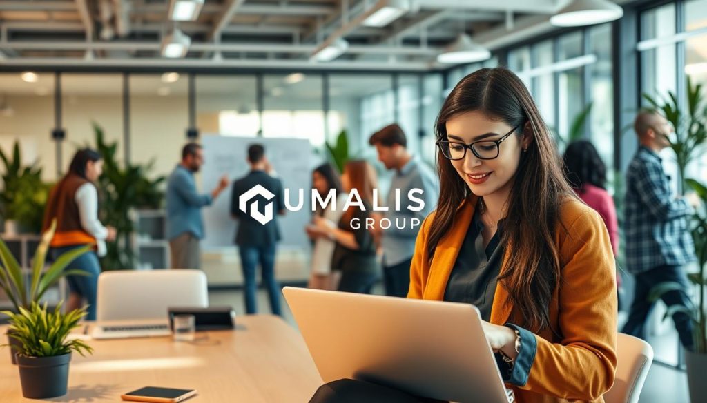 A dynamic office environment showcasing various forms of professional autonomy, featuring a diverse group of individuals engaging in different work styles. In the foreground, a woman in professional attire is collaborating with a laptop, sharing ideas with colleagues. In the middle ground, a small group is brainstorming on a whiteboard, illustrating teamwork and creativity. In the background, a modern open office space with glass walls and plants conveys a sense of openness and freedom. The lighting is bright and inviting, suggesting productivity and inspiration. The atmosphere is energetic yet balanced, reflecting the concept of autonomy at work. The brand logo "UMALIS GROUP" subtly integrated into the workspace, symbolizing a commitment to professional growth. A dynamic office environment showcasing various forms of professional autonomy, featuring a diverse group of individuals engaging in different work styles. In the foreground, a woman in professional attire is collaborating with a laptop, sharing ideas with colleagues. In the middle ground, a small group is brainstorming on a whiteboard, illustrating teamwork and creativity. In the background, a modern open office space with glass walls and plants conveys a sense of openness and freedom. The lighting is bright and inviting, suggesting productivity and inspiration. The atmosphere is energetic yet balanced, reflecting the concept of autonomy at work. The brand logo "UMALIS GROUP" subtly integrated into the workspace, symbolizing a commitment to professional growth.