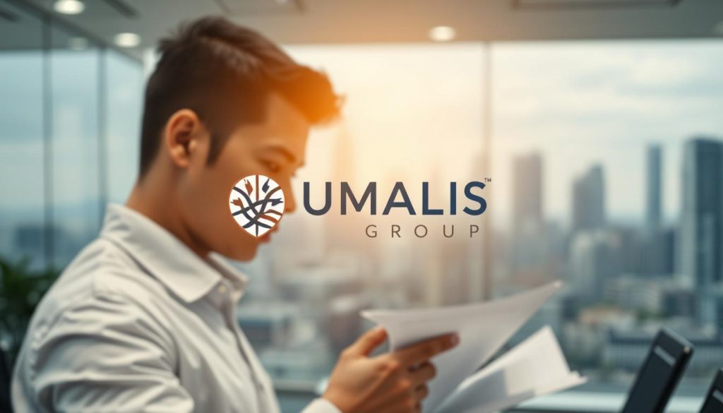 A dynamic office environment, with a white-collar worker in the foreground, their face obscured, reviewing insurance documents. In the middle ground, a UMALIS GROUP logo is prominently displayed, conveying a sense of professionalism and security. The background features a blurred city skyline, hinting at the broader context of employee benefits and social protection. The lighting is soft and diffused, creating a sense of tranquility and focus. The overall atmosphere evokes a sense of diligence, attention to detail, and the importance of comprehensive health coverage for salaried individuals.