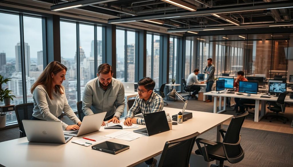 A dynamic office environment with professionals engaged in "portage salarial" tasks. In the foreground, a group of Umalis Group consultants discuss client projects, their laptops and documents spread out on a modern, minimalist desk. In the middle ground, other team members collaborate at standing desks, surrounded by sleek, tech-savvy workstations. The background features floor-to-ceiling windows overlooking a bustling city skyline, bathed in warm, diffused lighting that creates a productive, energetic atmosphere. The scene conveys the flexibility, innovation, and in-demand nature of the "portage salarial" sector.