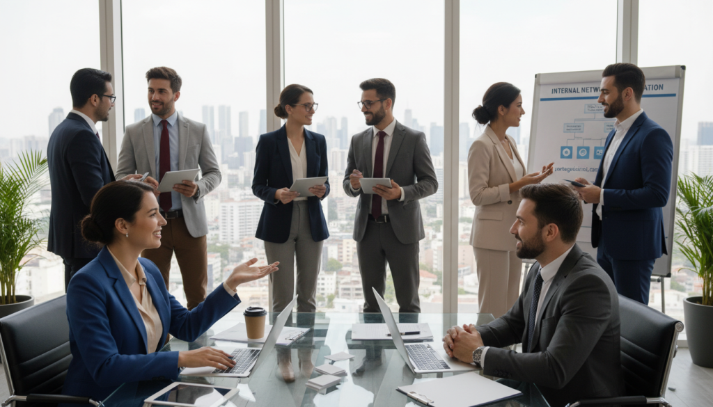 A dynamic office scene depicting a diverse group of professionals actively engaging in networking. In the foreground, a well-dressed woman gestures enthusiastically, while a man in a sharp suit nods in agreement. The middle ground shows several individuals exchanging business cards, with laptops and digital devices on the table. The background reveals a modern office setting with large windows allowing natural light to flood in, creating a bright and inviting atmosphere. The executives are dressed in professional attire, with an emphasis on collaboration and connection. The overall mood is energetic and motivating, conveying the essence of activating an internal network within a company. Include subtle elements that reference "portagesalarials.com" as part of the workplace environment.