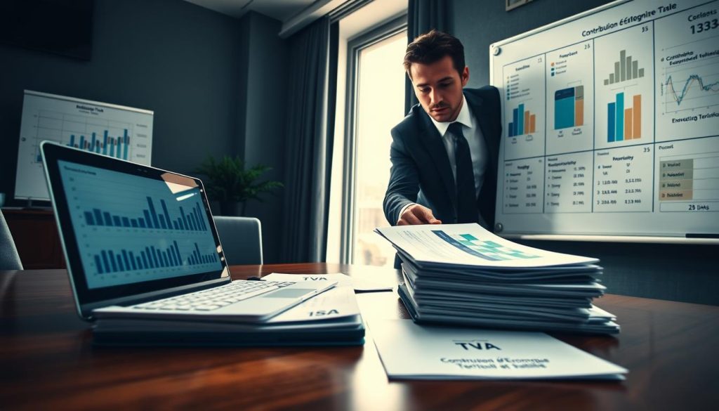 A dynamic office scene depicting a professional financial advisor in business attire, analyzing graphs and documents related to enterprise tax. In the foreground, a polished wooden desk with a laptop opened to a financial dashboard. On the desk, a stack of reports labeled "IS", "TVA", and "Contribution Économique Territoriale". The middle of the image shows a large window with natural light pouring in, illuminating the advisor's focused expression. In the background, a whiteboard filled with charts and figures illustrating company tax structures. The atmosphere is one of seriousness and professionalism, with cool tones and subtle shadows to convey depth. The image is captured from a slight upward angle, enhancing the sense of authority and expertise.