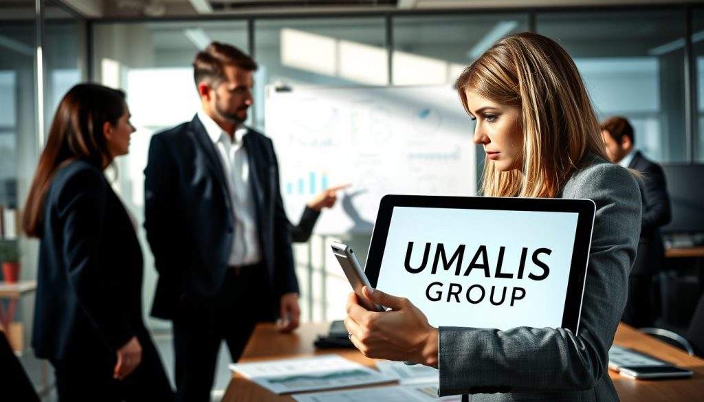 A dynamic office scene depicting "gestion missions portage salarial," featuring a professional setting with a diverse group of individuals engaged in discussions. In the foreground, a confident businesswoman in business attire holds a tablet, analyzing data while collaborating with a male colleague in a suit, who points at a project plan on the table. In the middle ground, a whiteboard displays various project timelines and diagrams, hinting at active mission management. The background shows a modern office with glass walls, natural light streaming in, creating a bright and productive atmosphere. Soft shadows enhance the details, and the overall mood conveys teamwork and professionalism. Prominently include the brand name "UMALIS GROUP" on the tablet screen.