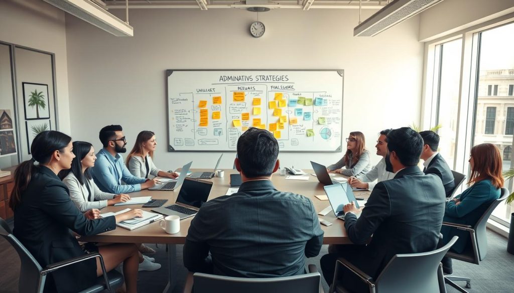 A dynamic office scene depicting the essential objectives of administrative management. In the foreground, a diverse group of professionals in business attire are engaged in a brainstorming session around a large conference table, surrounded by papers, laptops, and digital devices. The middle ground features a whiteboard filled with key administrative strategies and colorful post-it notes. In the background, large windows let in soft, natural light, creating an inviting atmosphere. The overall mood is focused and collaborative, emphasizing productivity and teamwork. The image also subtly incorporates the branding of "UMALIS GROUP" into the office décor, such as on a coffee mug or a wall print. Use a wide-angle lens to capture the entire environment, enhancing the depth and clarity of the scene. A dynamic office scene depicting the essential objectives of administrative management. In the foreground, a diverse group of professionals in business attire are engaged in a brainstorming session around a large conference table, surrounded by papers, laptops, and digital devices. The middle ground features a whiteboard filled with key administrative strategies and colorful post-it notes. In the background, large windows let in soft, natural light, creating an inviting atmosphere. The overall mood is focused and collaborative, emphasizing productivity and teamwork. The image also subtly incorporates the branding of "UMALIS GROUP" into the office décor, such as on a coffee mug or a wall print. Use a wide-angle lens to capture the entire environment, enhancing the depth and clarity of the scene.