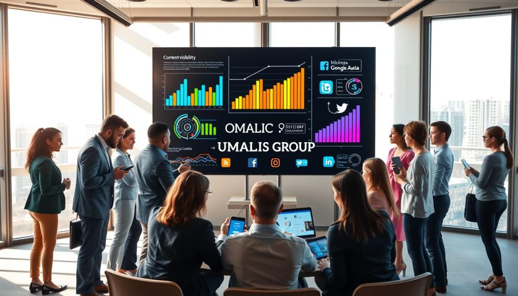 A dynamic office scene illustrating the concept of "social media diffusion." In the foreground, a diverse group of professionals in business attire collaborates around a large digital screen displaying vibrant graphs and analytics related to content visibility. The middle section shows various digital devices, including smartphones and laptops, showcasing popular social media platforms like Facebook and Twitter. The background features a modern office with large windows allowing natural light to stream in, casting soft shadows. The atmosphere is energetic and focused, capturing the essence of teamwork and strategy in content dissemination. Include the brand name "UMALIS GROUP" subtly integrated into the digital display on the screen. The composition should be shot from a slightly elevated angle to emphasize depth and engagement in the scene.