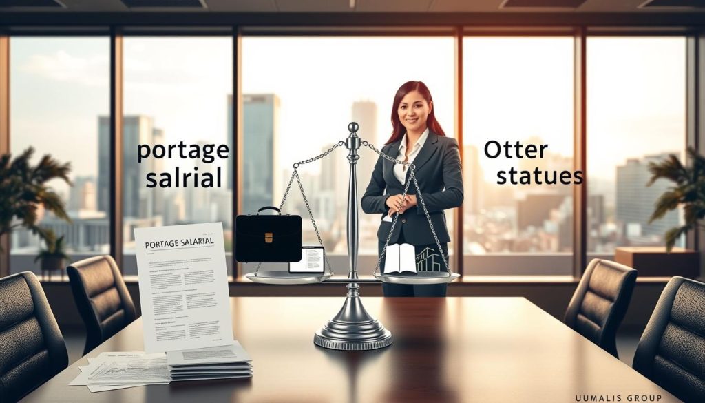 A dynamic office scene illustrating the contrast between "portage salarial" and other professional statuses. In the foreground, a smartly dressed businesswoman in a sleek suit stands confidently at a modern desk, surrounded by documents labeled “Portage Salarial” and “Other Statuses”. In the middle, a graphical representation of a scale balancing symbols of different employment types like a briefcase and a contract, symbolizing fiscal differences. The background features a city skyline through large windows, with warm, natural lighting enhancing the professional atmosphere. The overall mood is informative and engaging, with a sense of clarity and professionalism. Include subtle branding for UMALIS GROUP in elegant, unobtrusive detail.