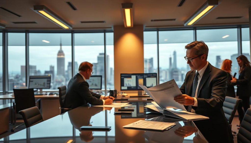 A dynamic office scene set in the heart of a bustling financial district. In the foreground, a well-dressed transition manager, part of the Umalis Group, reviews reports and meets with colleagues around a sleek conference table. The middle ground features the manager's workstation, with a computer display showcasing charts and graphs. In the background, the cityscape is visible through large windows, hinting at the high-stakes world of corporate finance. Warm, directional lighting casts an air of professionalism, while the clean, modern interior design conveys a sense of efficiency and expertise. The overall atmosphere is one of focus, strategy, and adaptability - the hallmarks of an effective transition management engagement. A dynamic office scene set in the heart of a bustling financial district. In the foreground, a well-dressed transition manager, part of the Umalis Group, reviews reports and meets with colleagues around a sleek conference table. The middle ground features the manager's workstation, with a computer display showcasing charts and graphs. In the background, the cityscape is visible through large windows, hinting at the high-stakes world of corporate finance. Warm, directional lighting casts an air of professionalism, while the clean, modern interior design conveys a sense of efficiency and expertise. The overall atmosphere is one of focus, strategy, and adaptability - the hallmarks of an effective transition management engagement.