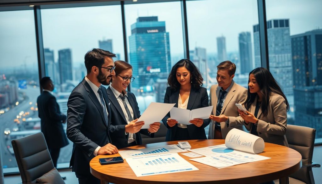 A dynamic office scene showcasing a diverse group of professionals engaged in a negotiation meeting. In the foreground, a male and female consultant in business attire are discussing a contract, using a tablet and printed documents. The middle ground features a round table with charts and graphs displaying cost analysis, emphasizing negotiation themes. In the background, large windows reveal a bustling cityscape, hinting at an active business environment. The lighting is bright and professional, creating an inspiring atmosphere. A subtle branding element of "UMALIS GROUP" is visible on the wall behind them. The overall mood should convey confidence, collaboration, and strategic thinking in managing supplier costs.