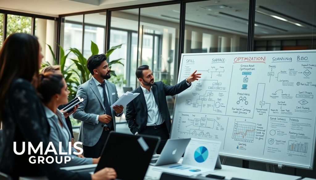 A dynamic office scene showcasing proven optimization methods for business processes, featuring a group of diverse professionals in business attire collaborating around a large whiteboard filled with flowcharts, diagrams, and strategic plans. In the foreground, a confident woman points to a key process improvement while a focused man takes notes. In the middle ground, a group reviews data on laptops, analyzing graphs highlighting efficiency gains. The background has modern office elements with glass walls and greenery, promoting a vibrant atmosphere. Soft, natural lighting flows through large windows, enhancing focus and creativity. The overall mood conveys teamwork and innovation in a professional setting, with the brand logo "UMALIS GROUP" subtly featured on a desk in the scene for branding context. A dynamic office scene showcasing proven optimization methods for business processes, featuring a group of diverse professionals in business attire collaborating around a large whiteboard filled with flowcharts, diagrams, and strategic plans. In the foreground, a confident woman points to a key process improvement while a focused man takes notes. In the middle ground, a group reviews data on laptops, analyzing graphs highlighting efficiency gains. The background has modern office elements with glass walls and greenery, promoting a vibrant atmosphere. Soft, natural lighting flows through large windows, enhancing focus and creativity. The overall mood conveys teamwork and innovation in a professional setting, with the brand logo "UMALIS GROUP" subtly featured on a desk in the scene for branding context.