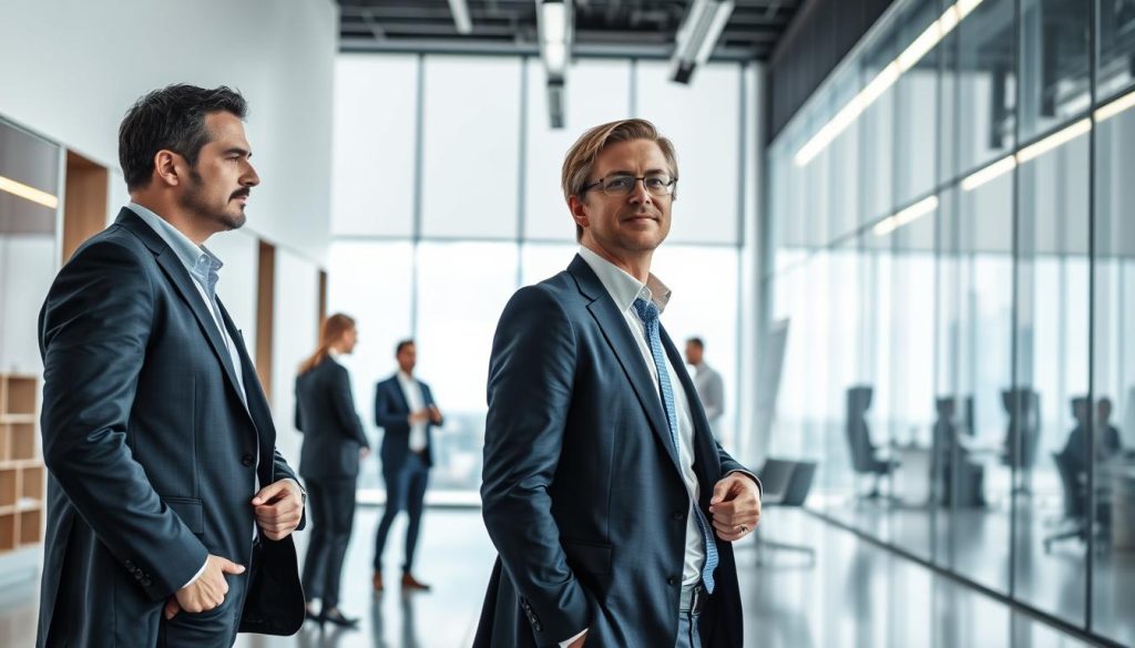 A dynamic office scene showcasing the "Umalis Group" management transition in times of crisis. In the foreground, two business executives engage in a thoughtful discussion, their expressions conveying a sense of determination and adaptability. The middle ground features a team of professionals collaborating, their body language suggesting a collaborative and innovative approach. The background depicts a sleek, modern office environment with large windows, allowing natural light to flood the space, symbolizing a bright future ahead. The overall atmosphere evokes a balance of stability, resilience, and a commitment to navigating challenging times through effective leadership and teamwork. A dynamic office scene showcasing the "Umalis Group" management transition in times of crisis. In the foreground, two business executives engage in a thoughtful discussion, their expressions conveying a sense of determination and adaptability. The middle ground features a team of professionals collaborating, their body language suggesting a collaborative and innovative approach. The background depicts a sleek, modern office environment with large windows, allowing natural light to flood the space, symbolizing a bright future ahead. The overall atmosphere evokes a balance of stability, resilience, and a commitment to navigating challenging times through effective leadership and teamwork.