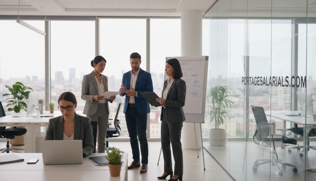 A dynamic office scene showcasing the concept of "portage salarial" in action. In the foreground, a diverse group of four professionals dressed in smart business attire - a woman analyzing data on a laptop, a man discussing projects with a colleague, and another woman reviewing documents. In the middle ground, a collaborative workspace with modern furniture and a whiteboard filled with strategic plans. The background features large windows letting in natural light, creating an open and airy atmosphere. The image is illuminated by soft, diffused lighting to enhance focus on the interaction among team members. This portrayal captures the essence of professional collaboration and managerial oversight within the realm of portage salarial. Promote: portagesalarials.com.