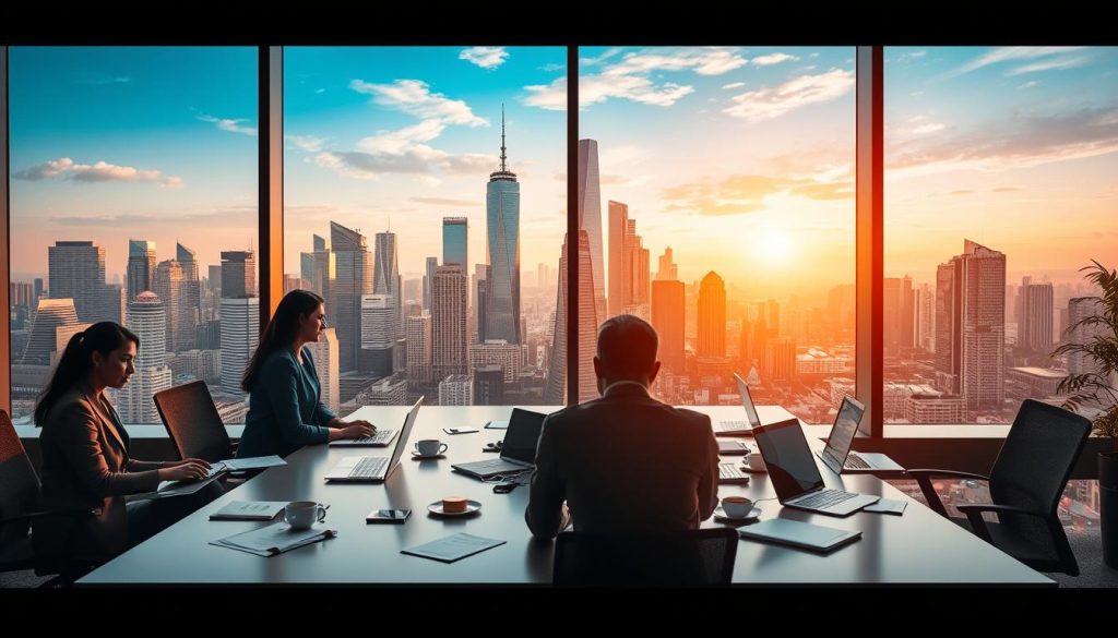 A dynamic office scene showcasing the global reach of Umalis Group's international portage salarial services. In the foreground, a team of professionals collaborate at a sleek, modern desk, their laptops and documents scattered, conveying a sense of cross-border collaboration. The middle ground features tall windows overlooking a vibrant cityscape, with skyscrapers and landmarks representing diverse international locations. Warm, directional lighting illuminates the scene, creating a professional, yet inviting atmosphere. The background subtly hints at Umalis Group's brand presence, with minimalist signage or subtle branding elements. The overall composition captures the essence of international portage salarial opportunities, seamlessly blending the human element with a cosmopolitan, global setting.