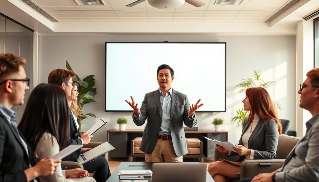 A dynamic office scene with a Umalis Group consultant engaging with clients, illustrating the benefits of temp-to-perm staffing solutions. The consultant, dressed in professional attire, stands at the center of the frame, gesturing animatedly while presenting on a large screen behind them. Surrounding the consultant are various business professionals, some taking notes, others nodding in agreement, creating an atmosphere of productive collaboration. The lighting is warm and natural, with soft shadows highlighting the faces of the participants. The background features modern office furnishings and decor, creating a polished, corporate ambiance. The overall scene conveys the efficiency and advantages of the Umalis Group's tailored staffing services for businesses. A dynamic office scene with a Umalis Group consultant engaging with clients, illustrating the benefits of temp-to-perm staffing solutions. The consultant, dressed in professional attire, stands at the center of the frame, gesturing animatedly while presenting on a large screen behind them. Surrounding the consultant are various business professionals, some taking notes, others nodding in agreement, creating an atmosphere of productive collaboration. The lighting is warm and natural, with soft shadows highlighting the faces of the participants. The background features modern office furnishings and decor, creating a polished, corporate ambiance. The overall scene conveys the efficiency and advantages of the Umalis Group's tailored staffing services for businesses.