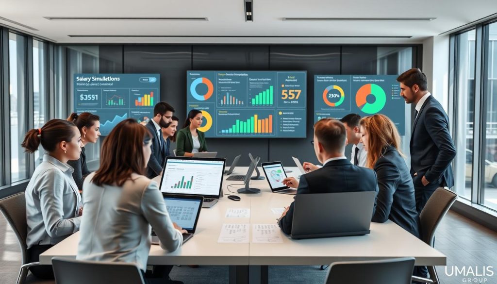 A dynamic office setting depicting a professional workspace where freelancers engage in salary simulations within the framework of portage salarial. In the foreground, a diverse group of individuals, dressed in smart business attire, are gathered around a modern table with laptops and digital tablets displaying complex calculations and charts. In the middle ground, infographics and pie charts emanate from screens, illustrating financial figures and earnings projections. The background features a sleek, contemporary office environment with large windows allowing natural light to flood the room, casting soft shadows. The atmosphere is focused and collaborative, reflecting determination and professionalism. Please include the logo of UMALIS GROUP subtly integrated into the workspace scene.
