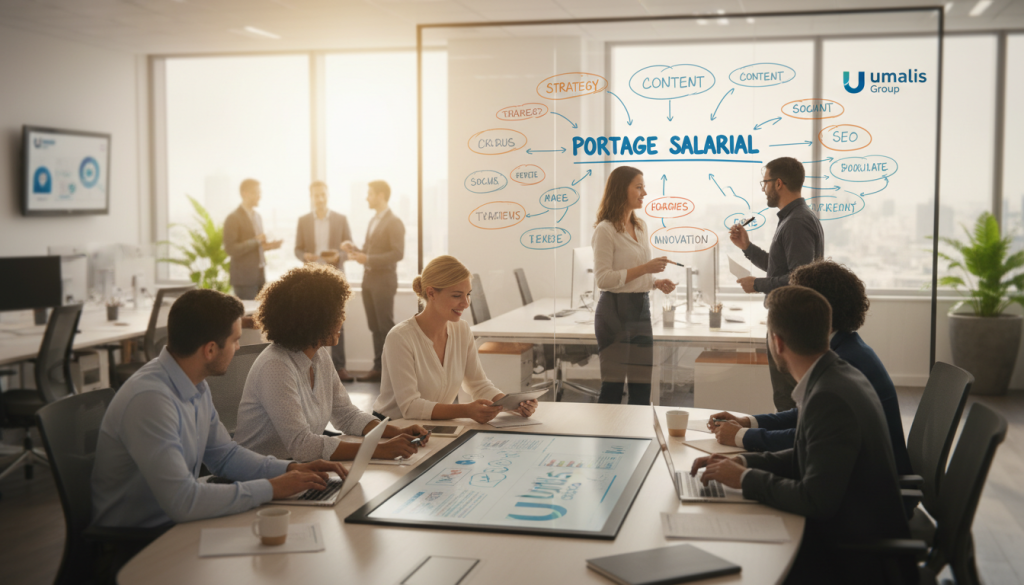 A dynamic office setting showcasing professionals engaged in diverse marketing tasks under the concept of "portage salarial." In the foreground, a diverse group of individuals in business attire collaborate around a sleek conference table, reviewing marketing strategies on digital devices. The middle ground highlights a whiteboard filled with colorful graphs and brainstorming notes, symbolizing creativity and teamwork. In the background, large windows let in natural light, illuminating the cityscape outside, creating a vibrant and motivating atmosphere. Use a soft-focus lens to enhance the warm, professional feel of the scene. The overall mood conveys security, flexibility, and innovation in marketing careers. Incorporate subtle branding elements of "Umalis Group" within the office environment. A dynamic office setting showcasing professionals engaged in diverse marketing tasks under the concept of "portage salarial." In the foreground, a diverse group of individuals in business attire collaborate around a sleek conference table, reviewing marketing strategies on digital devices. The middle ground highlights a whiteboard filled with colorful graphs and brainstorming notes, symbolizing creativity and teamwork. In the background, large windows let in natural light, illuminating the cityscape outside, creating a vibrant and motivating atmosphere. Use a soft-focus lens to enhance the warm, professional feel of the scene. The overall mood conveys security, flexibility, and innovation in marketing careers. Incorporate subtle branding elements of "Umalis Group" within the office environment.
