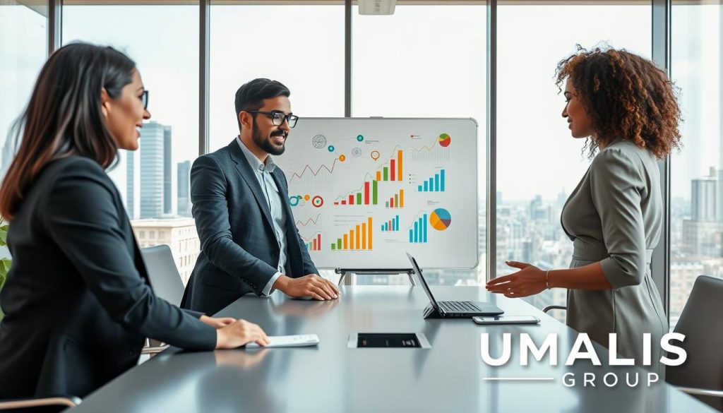 A dynamic office setting showcasing the concept of "portage salarial" as a business advantage. In the foreground, a diverse group of three professionals in business attire (a woman with dark hair in a blazer, a man with glasses and a neatly trimmed beard, and a woman with curly hair in a smart dress) are engaged in a spirited discussion around a modern conference table. The middle ground features a whiteboard filled with colorful diagrams and charts symbolizing growth and success. In the background, large windows allow natural light to flood the room, revealing a vibrant cityscape outside, conveying a sense of opportunity and engagement. A subtle overlay of the "UMALIS GROUP" logo can be visible as part of the office decor. The atmosphere is bright, professional, and inspiring, emphasizing collaboration and innovation. A dynamic office setting showcasing the concept of "portage salarial" as a business advantage. In the foreground, a diverse group of three professionals in business attire (a woman with dark hair in a blazer, a man with glasses and a neatly trimmed beard, and a woman with curly hair in a smart dress) are engaged in a spirited discussion around a modern conference table. The middle ground features a whiteboard filled with colorful diagrams and charts symbolizing growth and success. In the background, large windows allow natural light to flood the room, revealing a vibrant cityscape outside, conveying a sense of opportunity and engagement. A subtle overlay of the "UMALIS GROUP" logo can be visible as part of the office decor. The atmosphere is bright, professional, and inspiring, emphasizing collaboration and innovation.