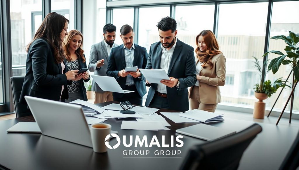 A dynamic office setting showcasing the process of opening a professional freelance account, where a diverse group of professionals—existing in a blend of business attire and modest casuality—are engaged in discussions over paperwork and digital devices. The foreground features a sleek desk with a laptop, scattered documents, and a stylish coffee cup. In the middle ground, an individual is about to sign a form, while others gather around, providing support and advice. The background reveals a modern office environment with large windows letting in soft, natural light, creating an inviting atmosphere. A logo for "UMALIS GROUP" is subtly integrated into the scene, harmonizing with the professional ambiance. Overall, the image conveys a sense of organization, professionalism, and security in managing freelance obligations. A dynamic office setting showcasing the process of opening a professional freelance account, where a diverse group of professionals—existing in a blend of business attire and modest casuality—are engaged in discussions over paperwork and digital devices. The foreground features a sleek desk with a laptop, scattered documents, and a stylish coffee cup. In the middle ground, an individual is about to sign a form, while others gather around, providing support and advice. The background reveals a modern office environment with large windows letting in soft, natural light, creating an inviting atmosphere. A logo for "UMALIS GROUP" is subtly integrated into the scene, harmonizing with the professional ambiance. Overall, the image conveys a sense of organization, professionalism, and security in managing freelance obligations.