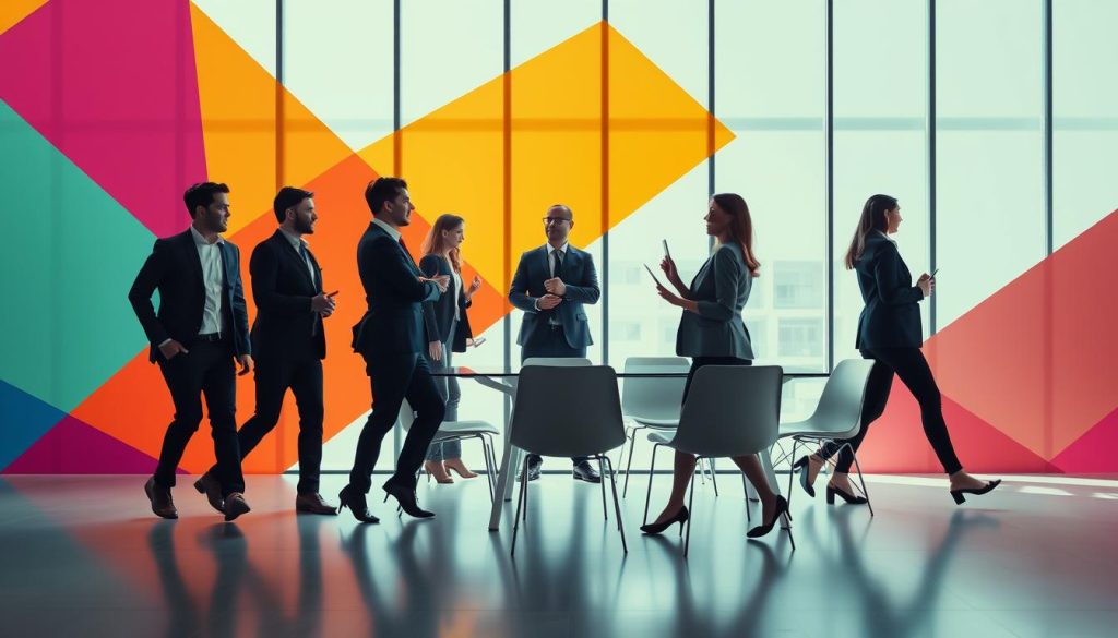 A dynamic, professional business environment set against a backdrop of vibrant, geometric shapes and patterns. In the foreground, a team of executives from the Umalis Group engaged in a process of strategic intervention, their bodies in motion as they collaborate and discuss the future direction of the company. The middle ground features a sleek, minimalist table and chairs, symbolizing the transitional nature of the management process. The background is illuminated by soft, natural light filtering through large windows, creating a sense of openness and clarity. The overall atmosphere conveys a sense of progress, adaptability, and a commitment to personalized, strategic solutions.