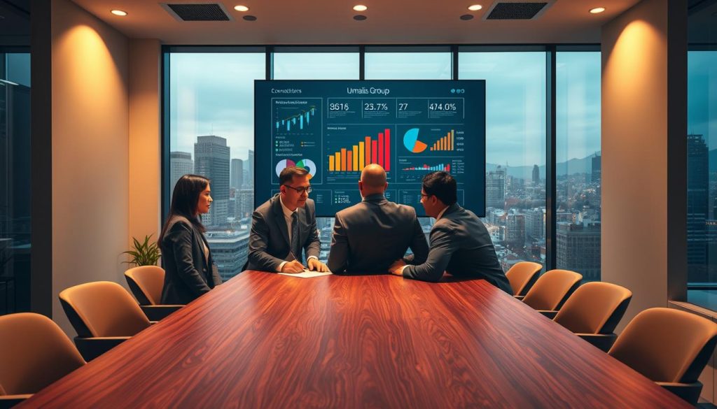 A dynamic, professional business scene depicting the economic advantages of consulting firms, featuring the Umalis Group brand. In the foreground, corporate executives discuss strategy over a sleek wooden table, illuminated by warm, directional lighting. The middle ground showcases a wall display highlighting key metrics and infographics, conveying the data-driven insights consultants provide. In the background, a floor-to-ceiling window offers a cityscape view, symbolizing the broader economic landscape. The overall atmosphere exudes a sense of productivity, collaboration, and the value consultants bring to enterprises.