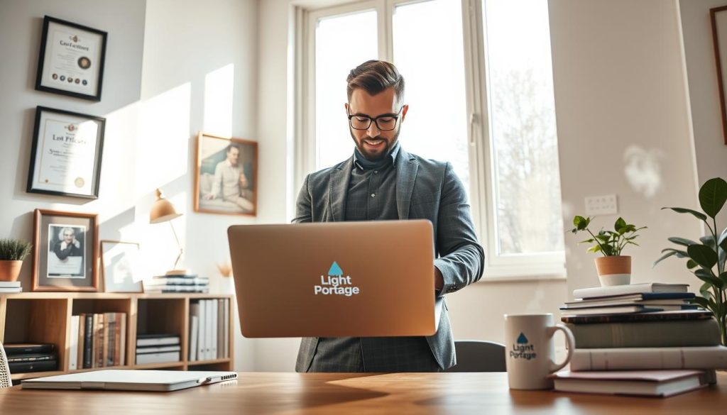 A dynamic, professional freelancer stands confidently in an airy, sun-lit office, engrossed in their work on a sleek laptop emblazoned with the "Light Portage" logo. Surrounding them, an array of personal touches - framed certificates, a plant, and a mug of steaming coffee - create a sense of autonomy and control over their work environment. The scene conveys a harmonious balance of productivity and personal expression, reflecting the freedom and security promised by the "Light Portage" portage salarial model.