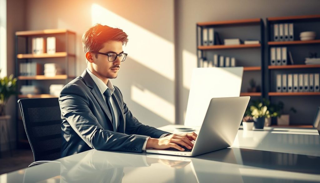 A dynamic, professional-looking office setting featuring a successful French worker under the "portage salarial" employment model. The scene depicts the employee, a well-dressed young adult, sitting at a sleek, modern desk, deeply engaged in work on a laptop computer. The lighting is warm and natural, casting a productive glow over the workspace. In the background, there are shelves lined with business books and documents, conveying a sense of expertise and accomplishment. The overall atmosphere is one of efficiency, innovation, and career advancement - showcasing the benefits of the "portage salarial" flexible work arrangement.